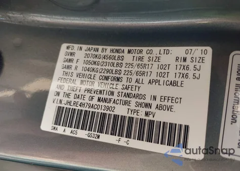 2010 Honda Cr-V Ex-L from USA, damaged, VIN JHLRE4H79AC013902